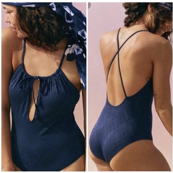 Aerie Navy Eyelet Mesh Crisscross Back One-Piece Swimsuit - Picture 7 of 7